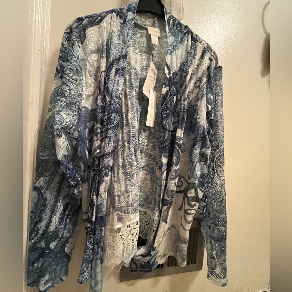 Chicos: size 3. Painted Blue Ronnie cardigan sweater LS pattern. Blue combo. New